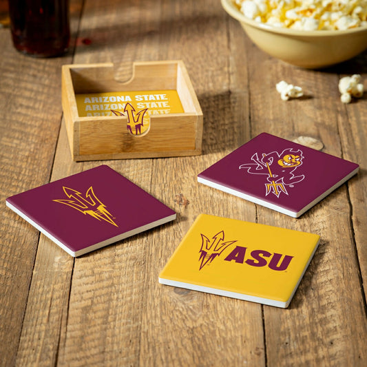 Team Sports America Trending - Arizona State University Ceramic Coasters Set, 4pcs with Wood Caddy