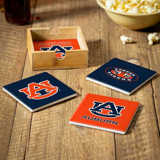 Team Sports America Value - Auburn University Ceramic Coasters Set, 4pcs with Wood Caddy
