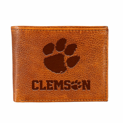Team Sports America Best Seller - Clemson University, Embossed 100% Genuine Tumbled Leather Passcase Bi-