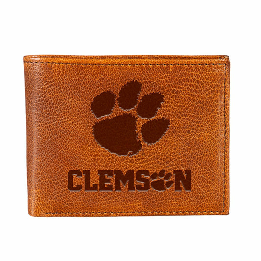 Team Sports America Best Seller - Clemson University, Embossed 100% Genuine Tumbled Leather Passcase Bi-