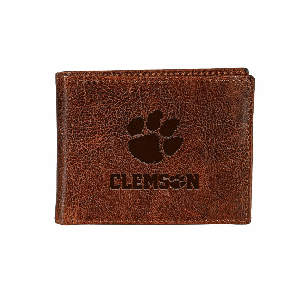 Team Sports America Best Seller - Clemson University, Embossed 100% Genuine Tumbled Leather Passcase Bi-