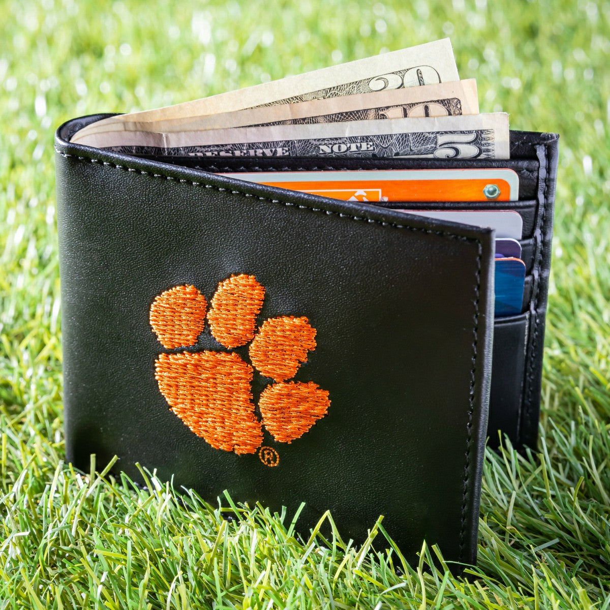 Team Sports America Essential - Clemson University Black Bi-Fold Embroidered Wallet w/ RFID Blocking