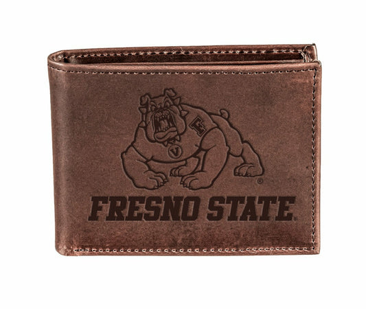 Team Sports America Essential - Fresno State Brown Bi-Fold Wallet, 100% Genuine Leather