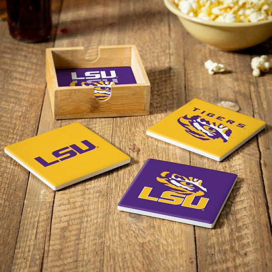 Team Sports America Trending - Louisiana State University Ceramic Coasters Set, 4pcs with Wood Caddy