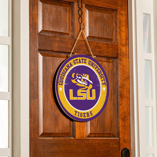 Team Sports America Recommended - Louisiana State University Round Door Décor with Hanging Rope, 18x18