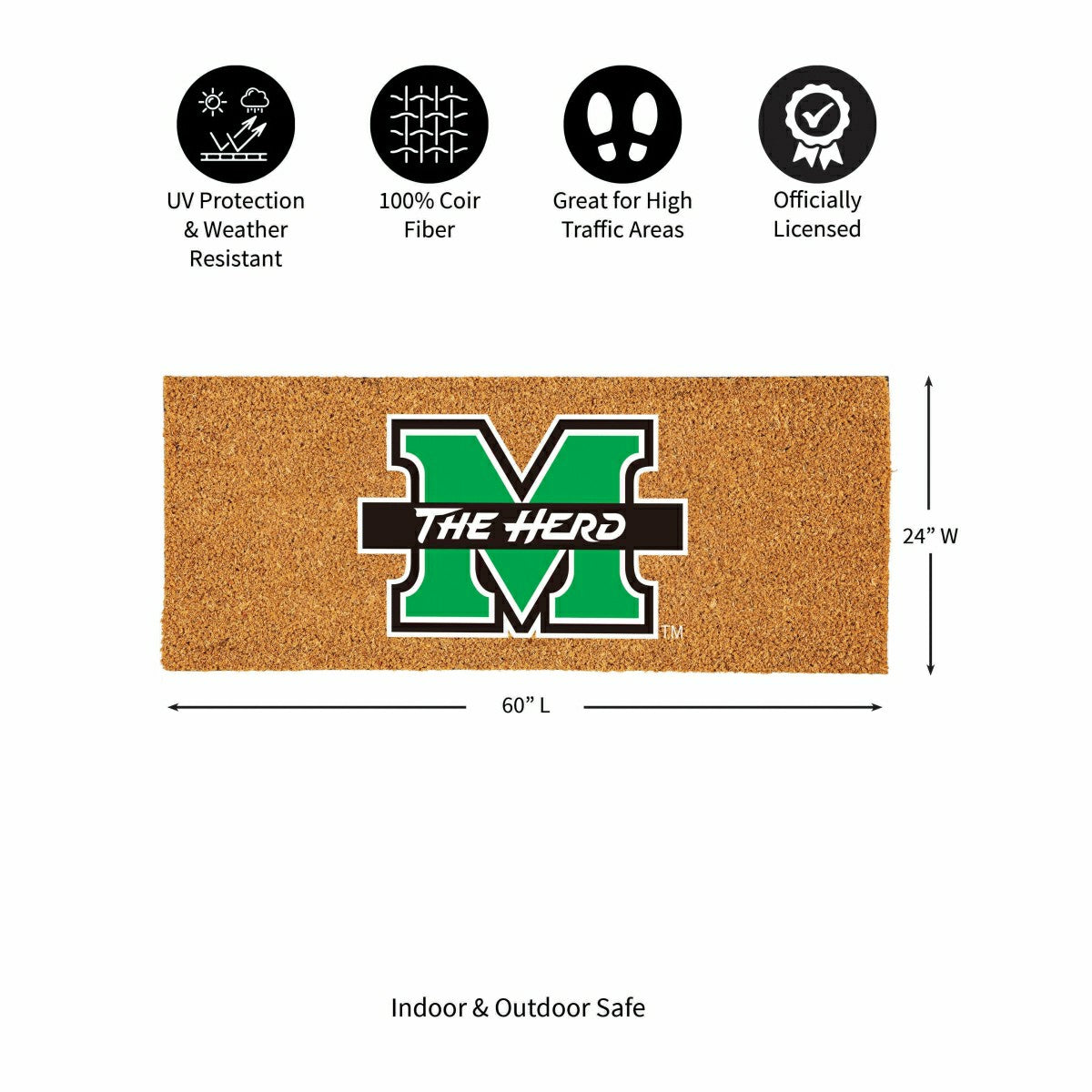 Team Sports America Recommended - Marshall University Extra Large Full Color Coir Mat, 60"x24"
