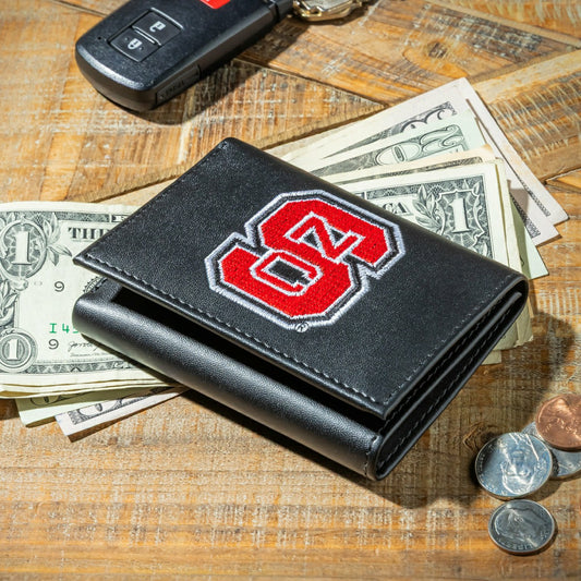 Team Sports America Exclusive - North Carolina State University Black Tri-Fold Embroidered Wallet w/ RFID Blocking