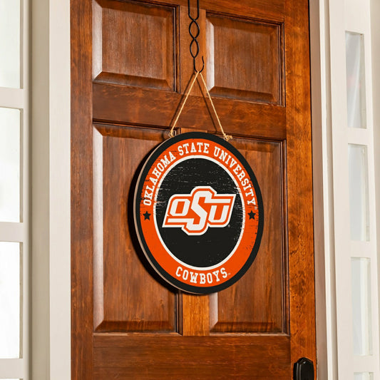 Team Sports America Exclusive - Oklahoma State University Round Door Décor with Hanging Rope, 18x18