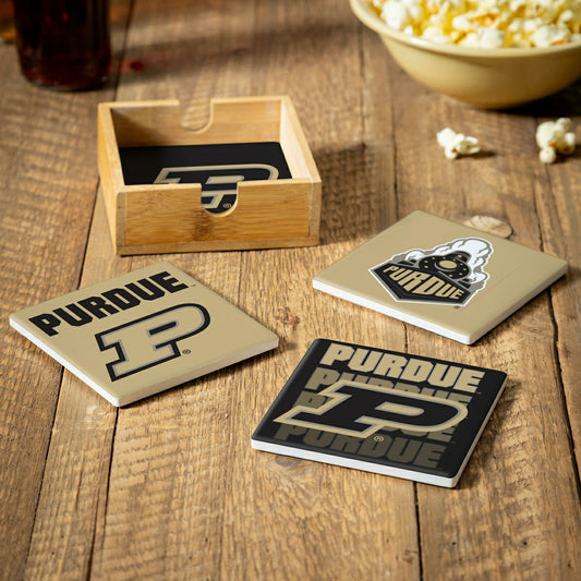 Team Sports America Signature - Purdue University Ceramic Coasters Set, 4pcs with Wood Caddy
