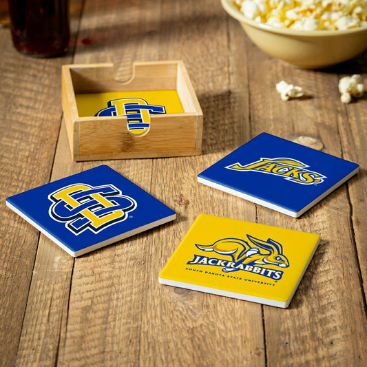 Team Sports America Signature - South Dakota State University Ceramic Coasters Set, 4pcs with Wood Cad