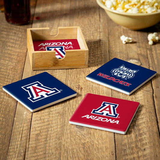 Team Sports America Signature - University of Arizona Ceramic Coasters Set, 4pcs with Wood Caddy