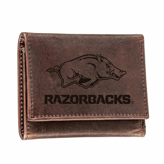 Team Sports America Everyday - University of Arkansas, Tri-Fold Wallet, Brown, CH, 100% Genuine Leath