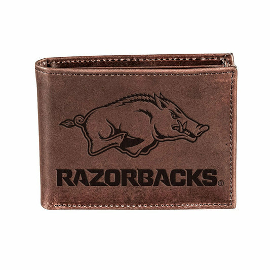 Team Sports America Classic - University of Arkansas, Bi-Fold Wallet, Brown, CH, 100% Genuine Leathe