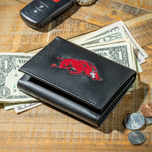 Team Sports America Trending - University of Arkansas Black Tri-Fold Embroidered Wallet w/ RFID Blocking