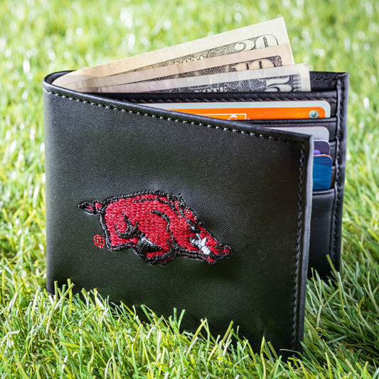 Team Sports America Best Seller - University of Arkansas Black Bi-Fold Embroidered Wallet w/ RFID Blocking