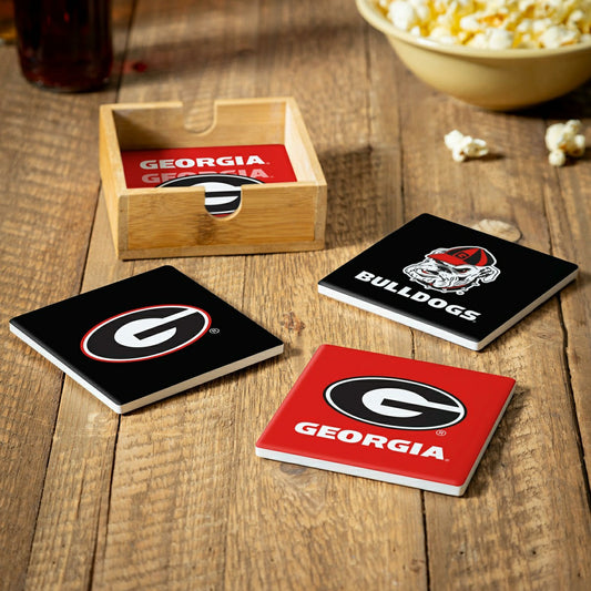 Team Sports America Best Seller - University of Georgia Ceramic Coasters Set, 4pcs with Wood Caddy
