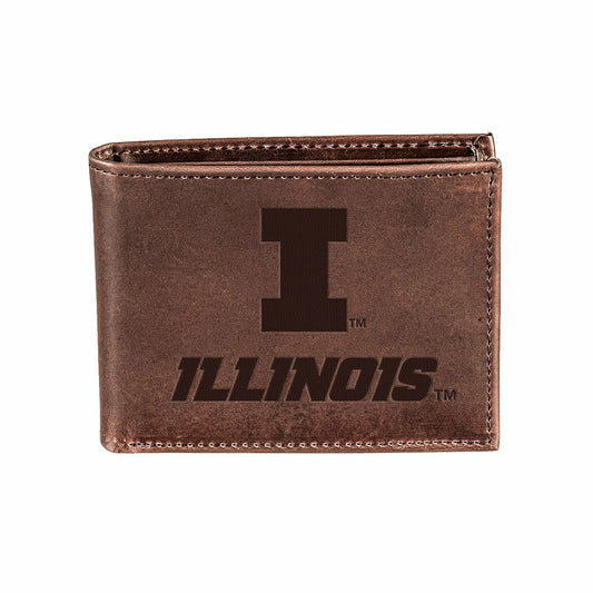 Team Sports America Classic - University of Illinois, Bi-Fold Wallet, Brown, CH, 100% Genuine Leathe