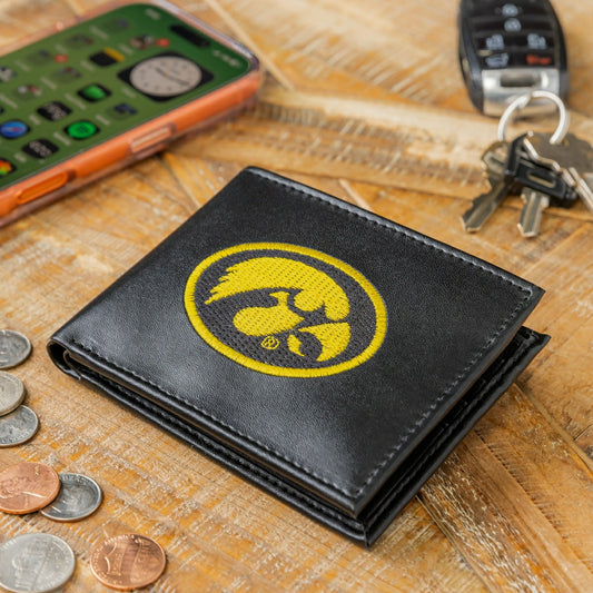 Team Sports America Exclusive - University of Iowa Black Bi-Fold Embroidered Wallet w/ RFID Blocking