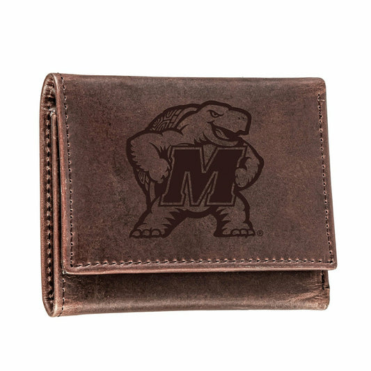 Team Sports America Recommended - University of Maryland, Tri-Fold Wallet, Brown, CH, 100% Genuine Leath