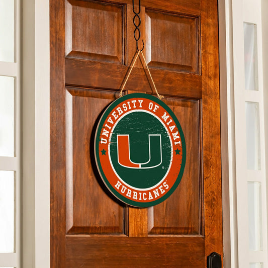 Team Sports America Essential - University of Miami Round Door Décor with Hanging Rope, 18x18