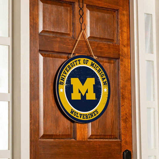 Team Sports America Exclusive - University Of Michigan Round Door Décor with Hanging Rope, 18x18