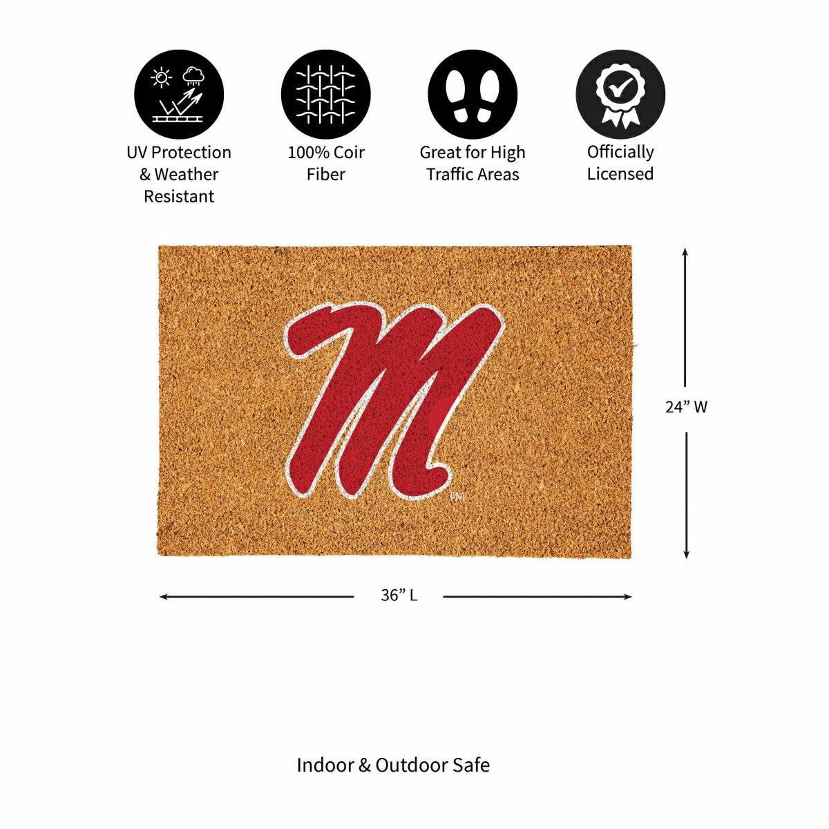 Team Sports America Essential - University of Mississippi Large Full Color Coir Mat, 36"x24"