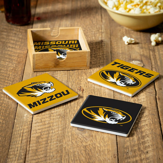 Team Sports America Exclusive - University of Missouri Ceramic Coasters Set, 4pcs with Wood Caddy