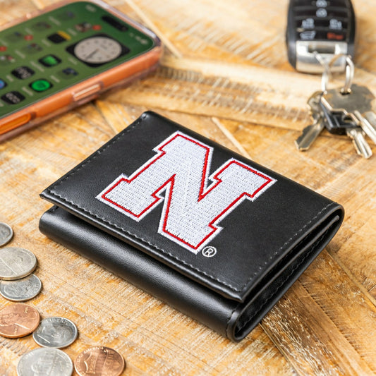 Team Sports America Best Seller - University of Nebraska Black Tri-Fold Embroidered Wallet w/ RFID Blocking