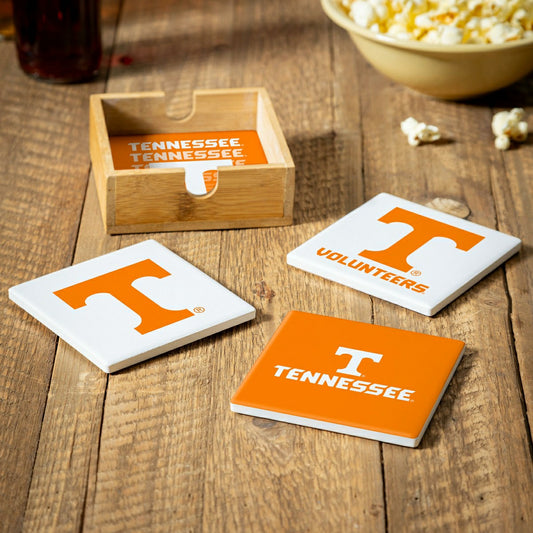 Team Sports America Signature - University of Tennessee Ceramic Coasters Set, 4pcs with Wood Caddy