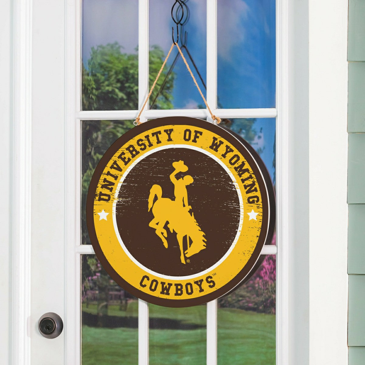 Team Sports America Recommended - University of Wyoming Round Door Décor with Hanging Rope, 18x18