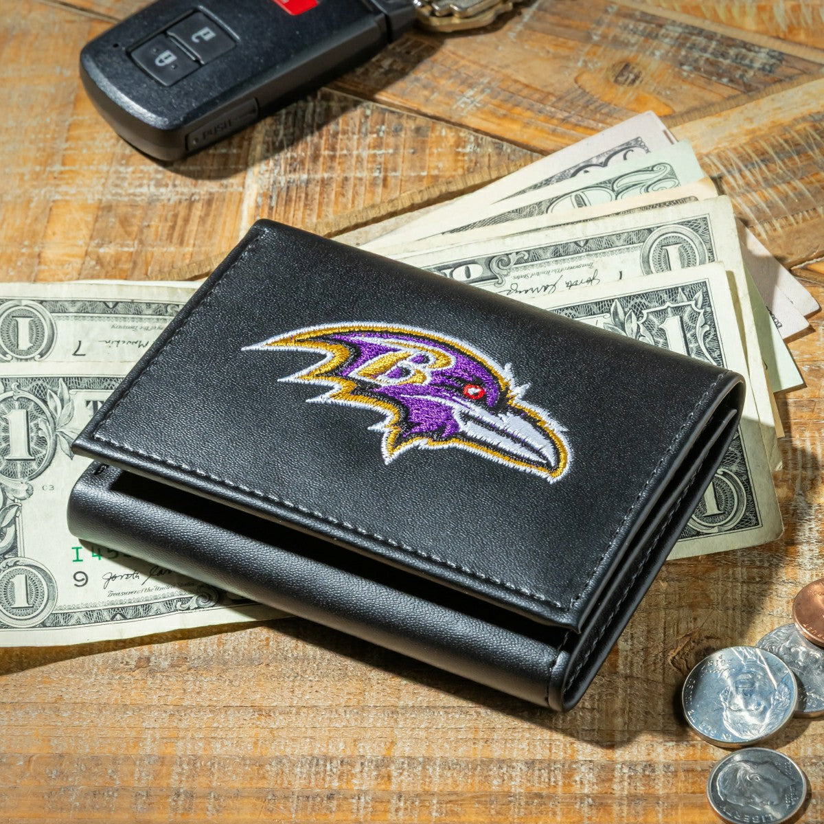 Team Sports America Exclusive - Baltimore Ravens Black Tri-Fold Embroidered Wallet w/ RFID Blocking