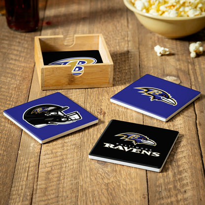 Team Sports America Recommended - Baltimore Ravens Ceramic Coasters Set, 4pcs with Wood Caddy