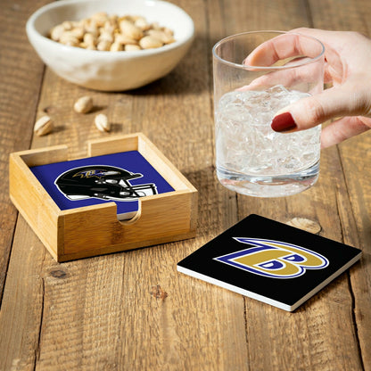 Team Sports America Recommended - Baltimore Ravens Ceramic Coasters Set, 4pcs with Wood Caddy