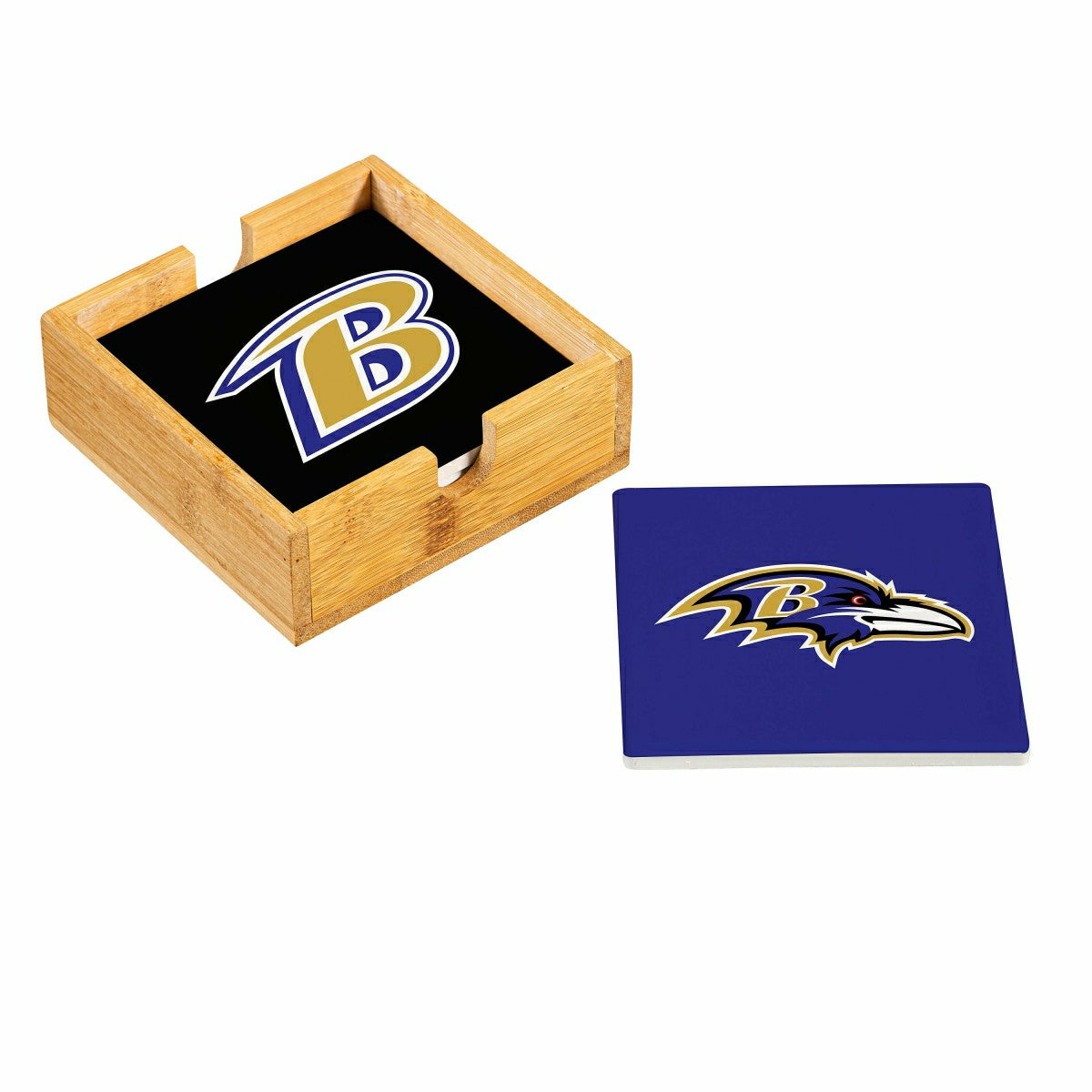Team Sports America Recommended - Baltimore Ravens Ceramic Coasters Set, 4pcs with Wood Caddy