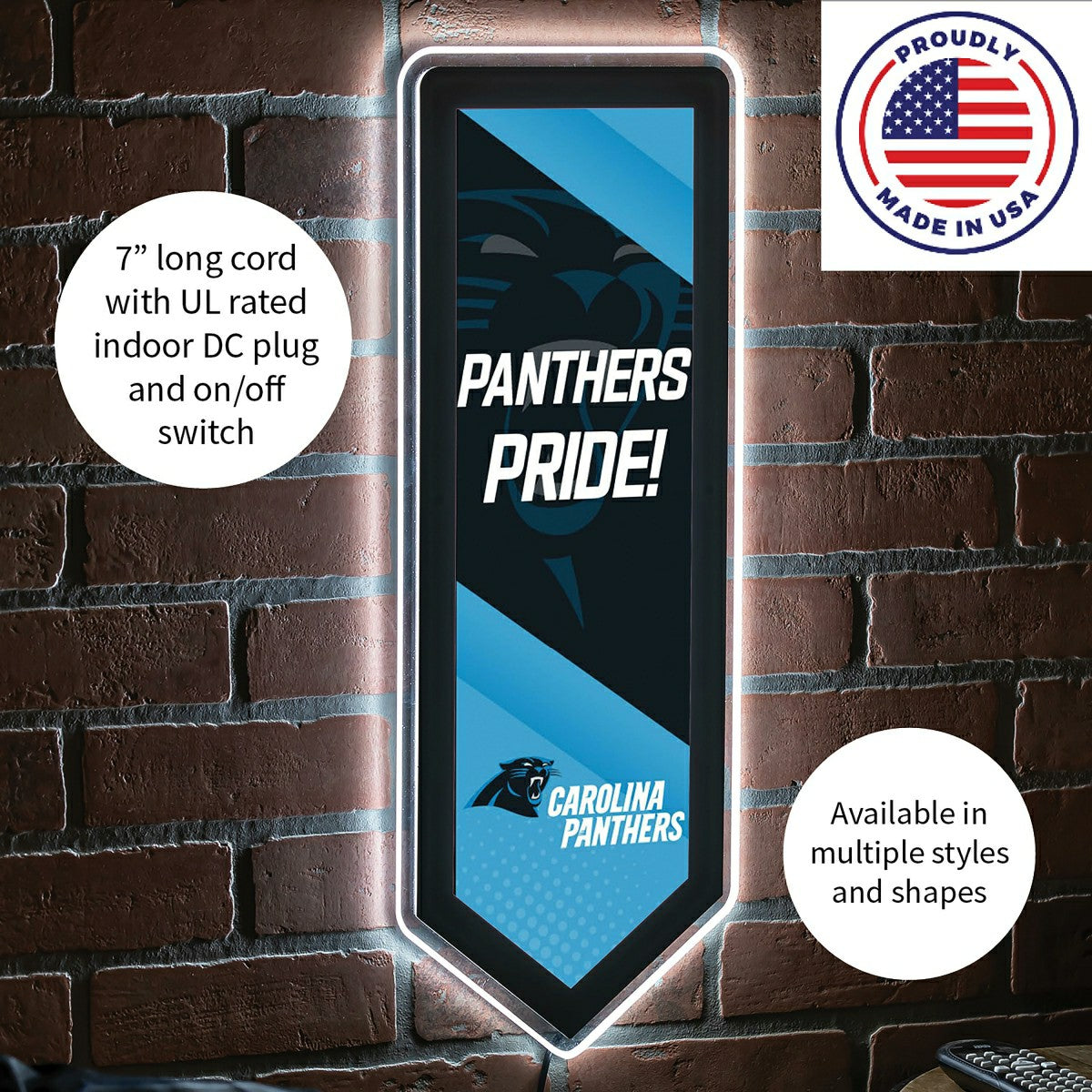 Team Sports America Essential - LED Wall Decor, Pennant, Carolina Panthers