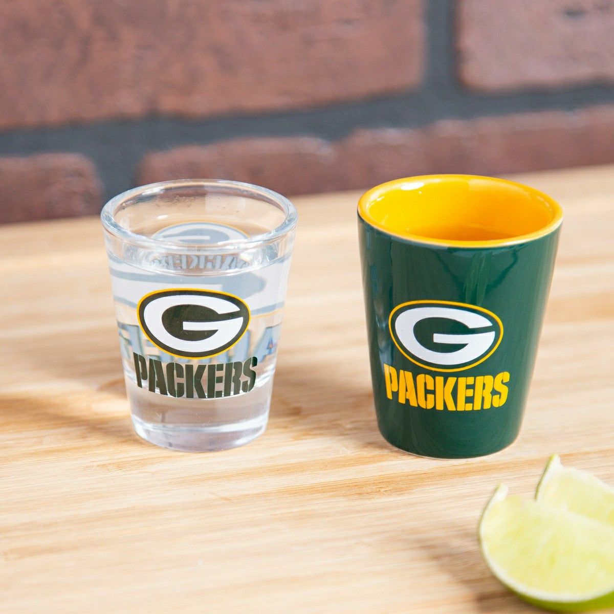 Team Sports America Best Seller - Green Bay Packers 4-Piece Ceramic and Glass 2oz. Shot Glass Set