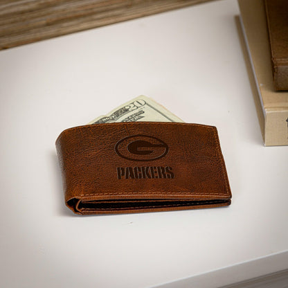 Team Sports America Value - Green Bay Packers, Embossed 100% Genuine Tumbled Leather Passcase Bi-F