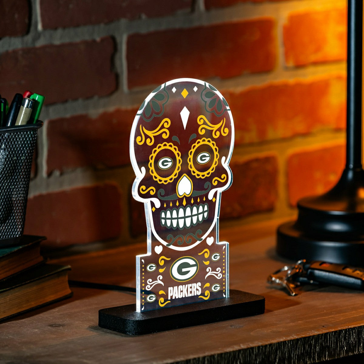 Team Sports America Best Seller - Green Bay Packers NFL Football Sugar Skull Desklite LED Decor