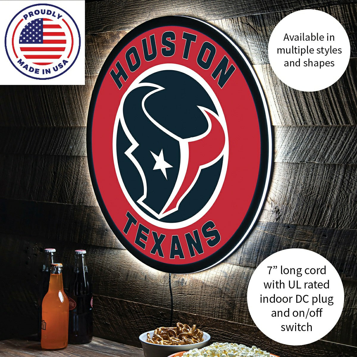 Team Sports America Essential - LED Wall Decor, Round, Houston Texans