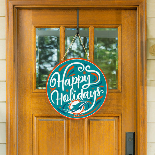 Team Sports America Essential - Miami Dolphins Holiday Round Door Décor with Hanging Rope, 18x18