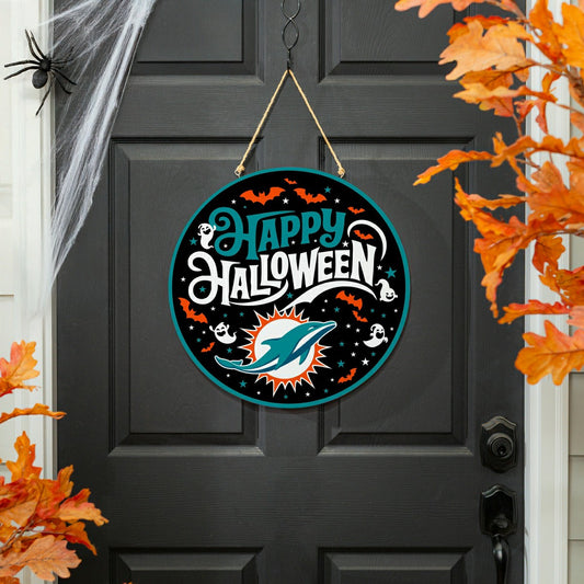 Team Sports America Everyday - Miami Dolphins Halloween Round Door Décor with Hanging Rope, 18x18