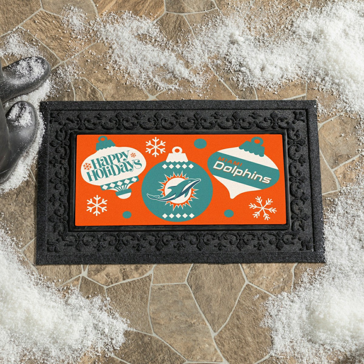 Team Sports America Value - Miami Dolphins Holiday Flocked Coir Sassafras Switch Mat, 22"x10"