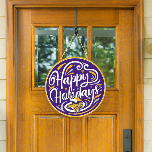 Team Sports America Signature - Minnesota Vikings Holiday Round Door Décor with Hanging Rope, 18x18