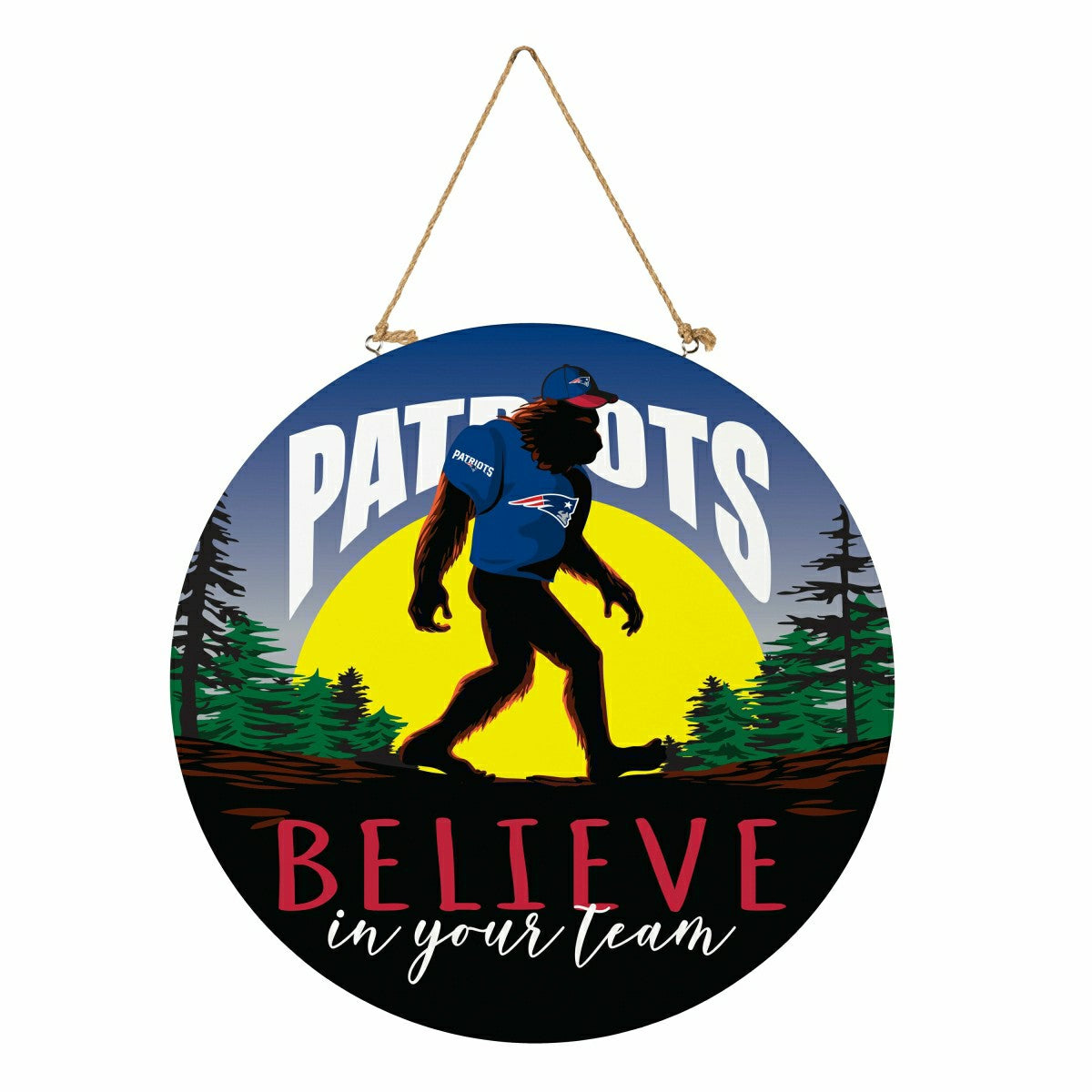 Team Sports America Recommended - New England Patriots Bigfoot Round Door Décor with Hanging Rope, 18x18