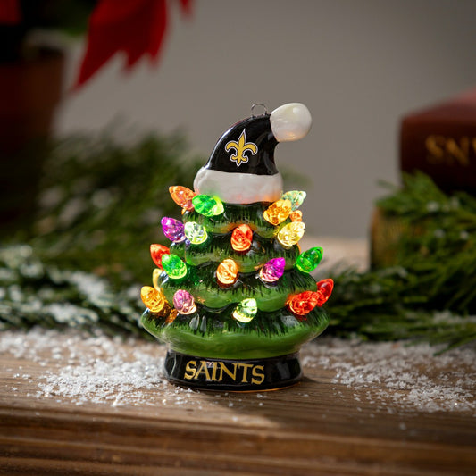 Team Sports America Essential - 4" Mini LED Tabletop Christmas Tree, Set of 2, New Orleans Saints