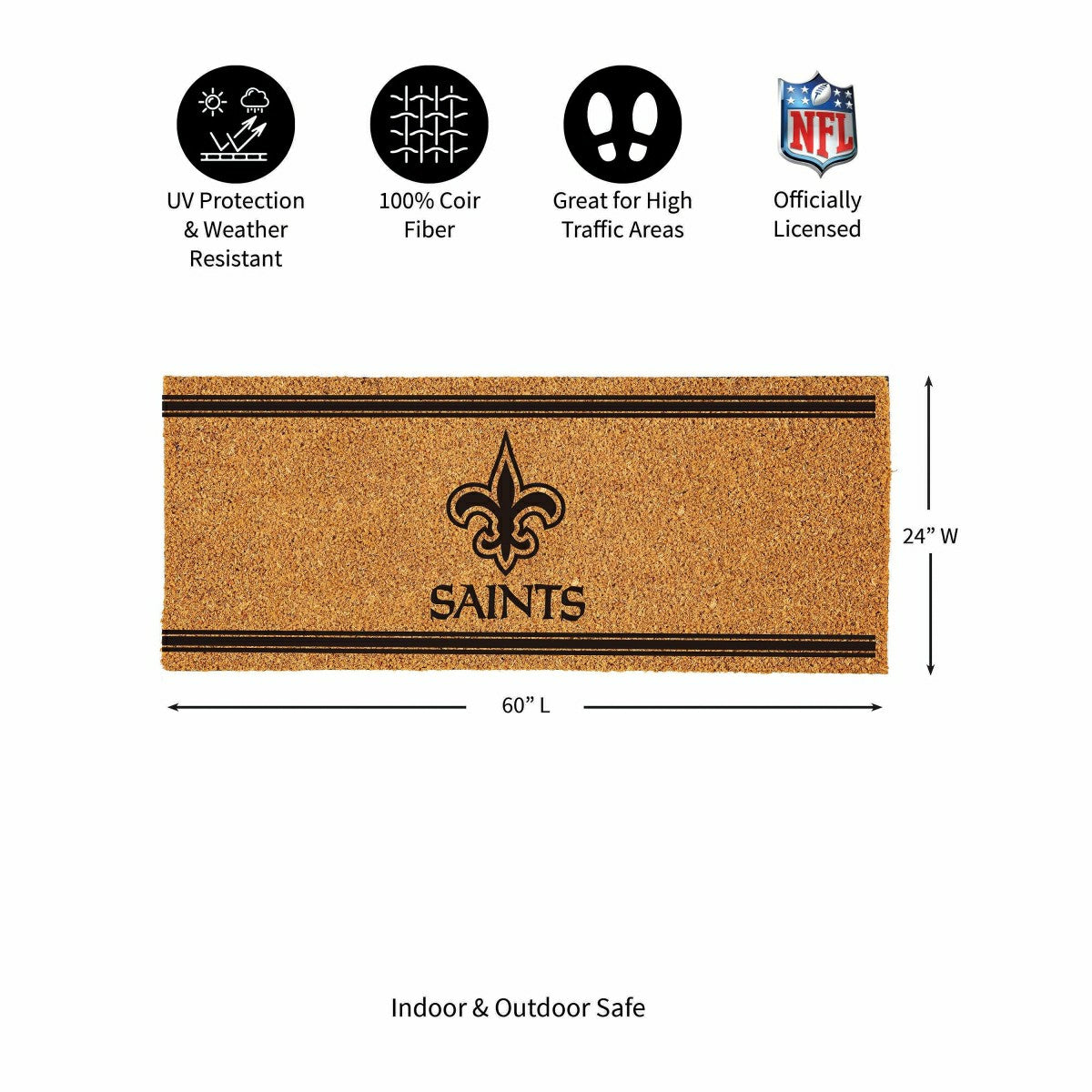 Team Sports America Everyday - New Orleans Saints Extra Large One Color Coir Mat, 60"x24"