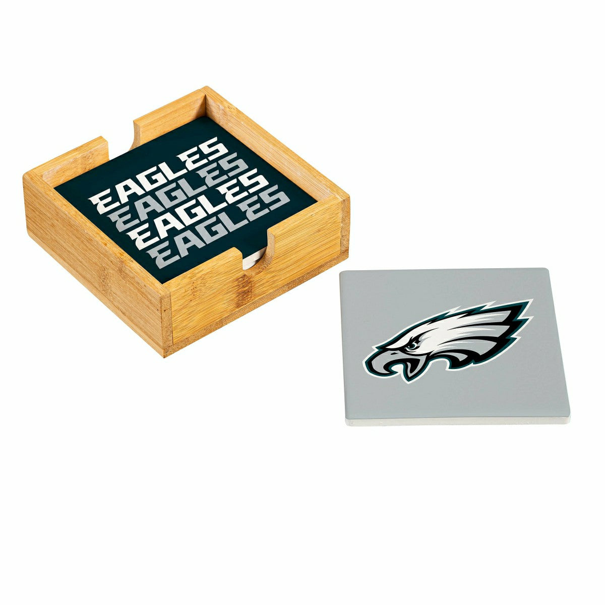 Team Sports America Exclusive - Philadelphia Eagles Ceramic Coasters Set, 4pcs with Wood Caddy