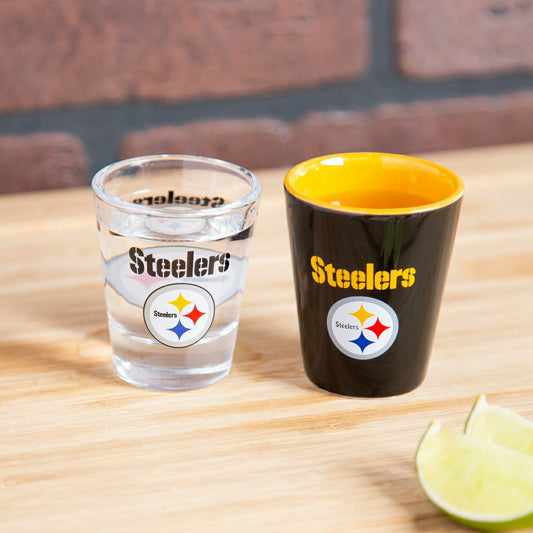 Team Sports America Recommended - Pittsburgh Steelers 4-Piece Ceramic and Glass 2oz. Shot Glass Set
