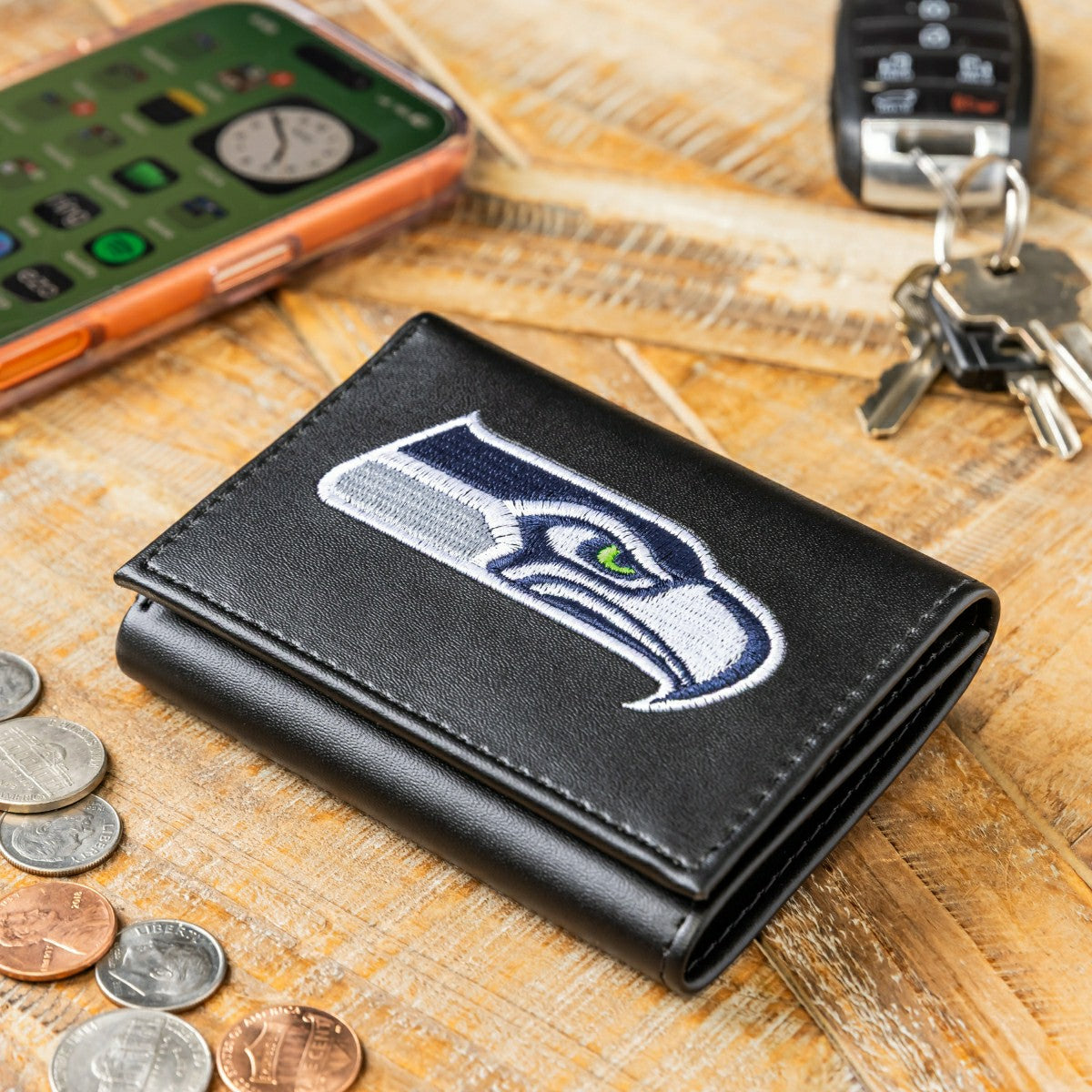 Team Sports America Recommended - Seattle Seahawks Black Tri-Fold Embroidered Wallet w/ RFID Blocking