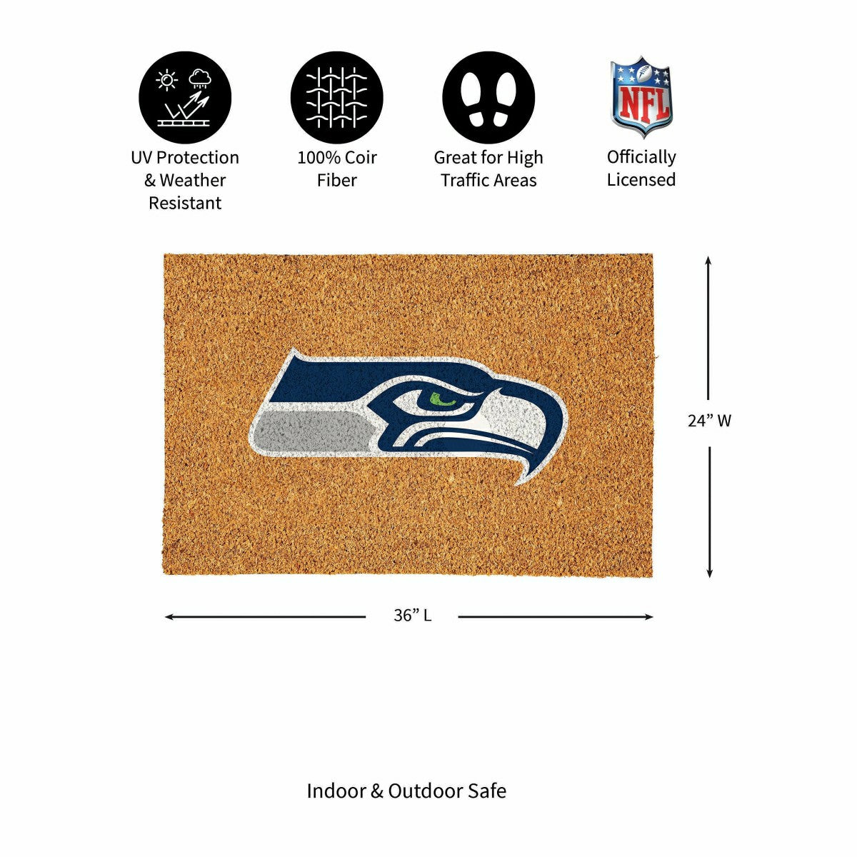 Team Sports America Essential - Seattle Seahawks Large Full Color Coir Mat, 36"x24"